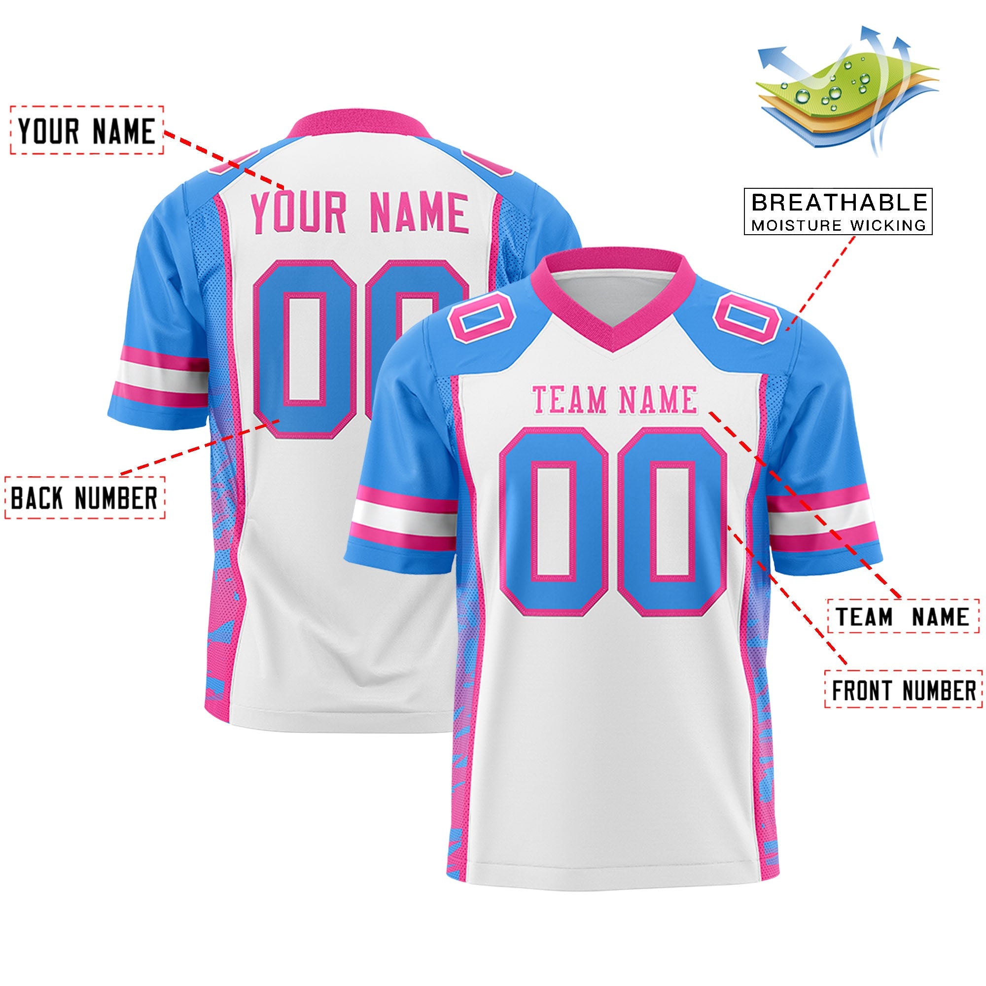 Custom White Powder Blue-Pink Raglan Sleeves Personalized Side Pattern Authentic Football Jersey