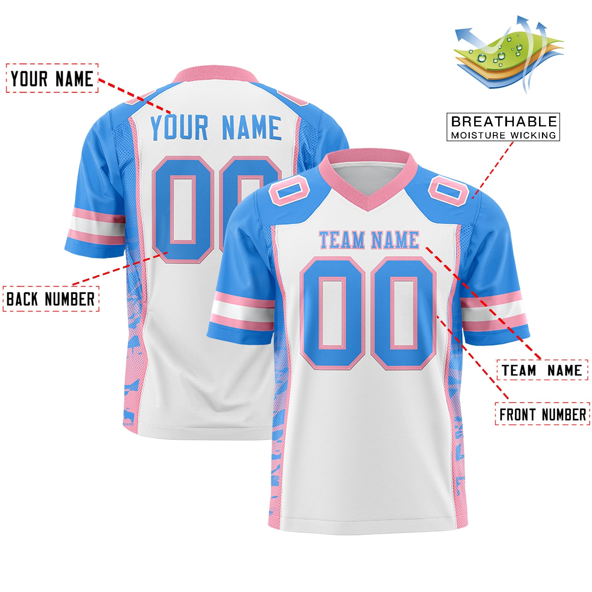 Custom White Powder Blue-Light Pink Raglan Sleeves Personalized Side Pattern Authentic Football Jersey