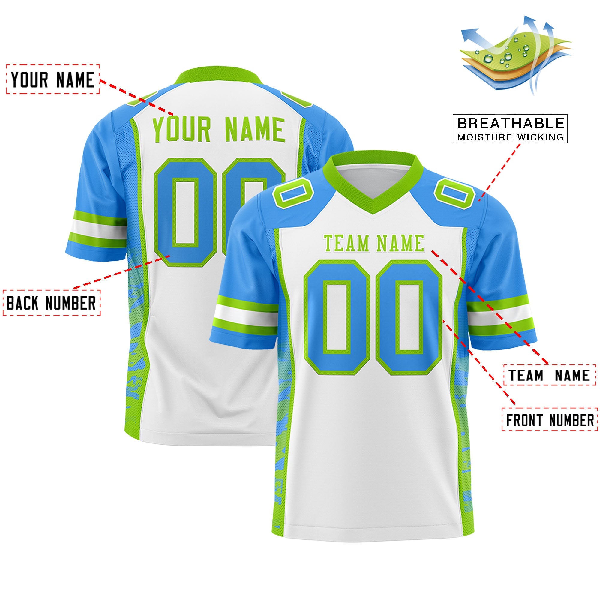 Custom White Powder Blue-Neon Green Raglan Sleeves Personalized Side Pattern Authentic Football Jersey