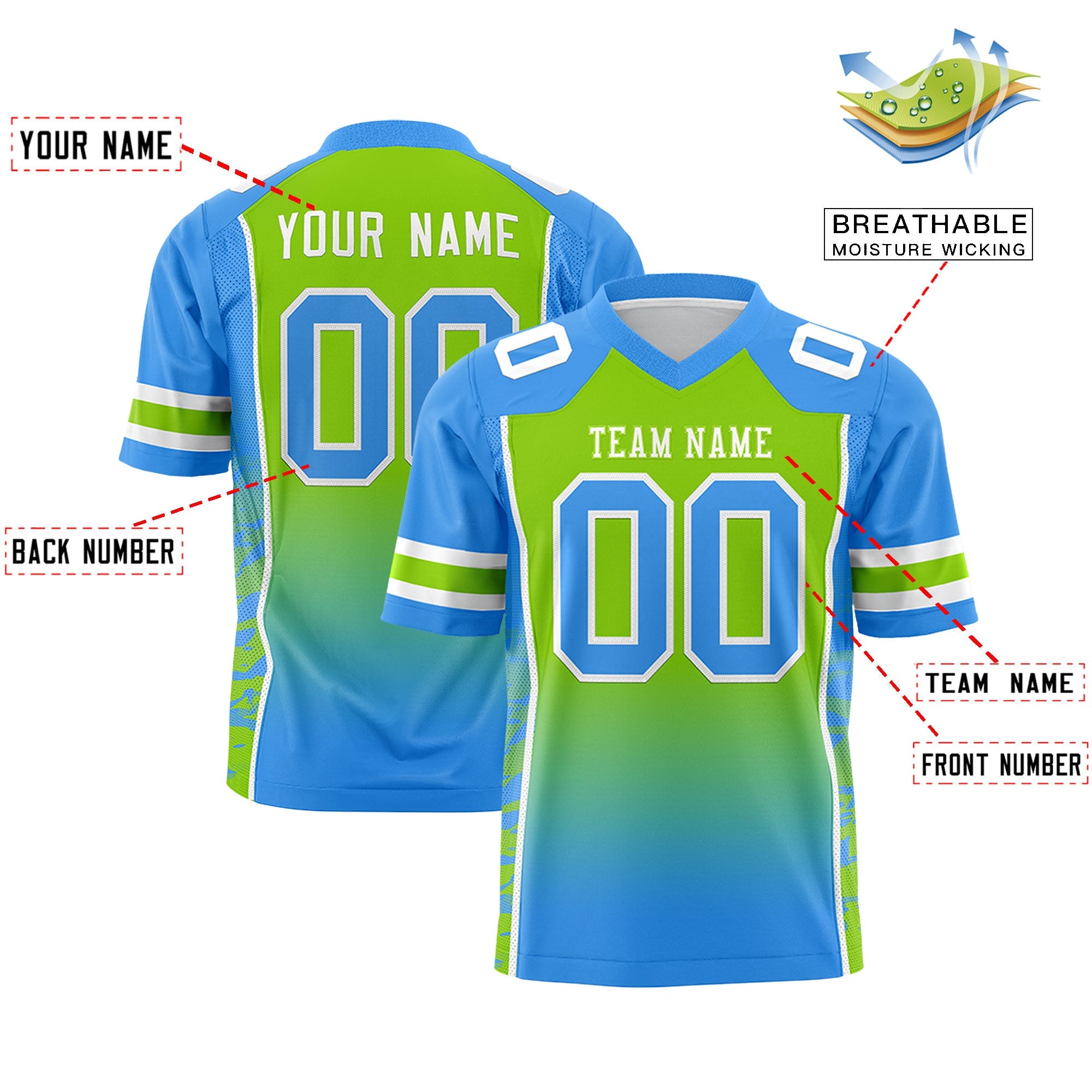 Custom Neon Green Powder Blue Gradient Personalized Side Pattern Authentic Football Jersey