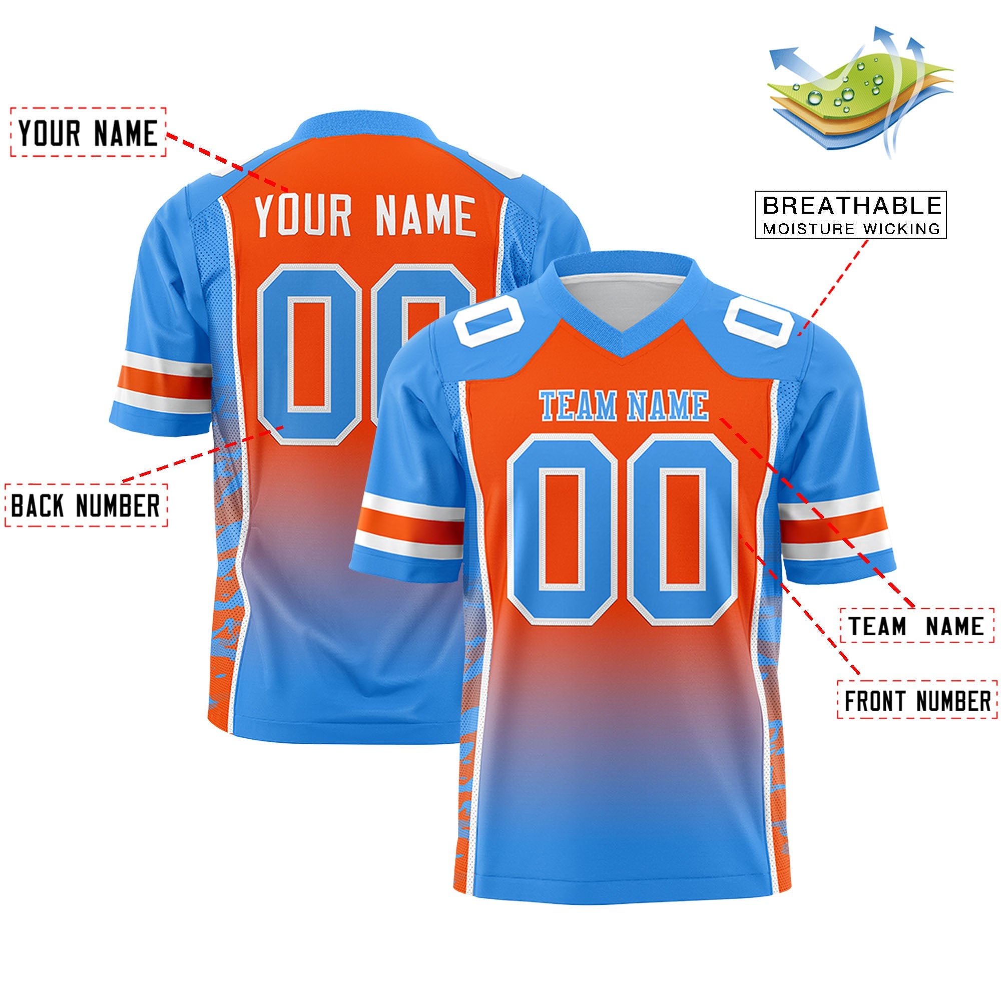 Custom Orange Powder Blue Gradient Personalized Side Pattern Authentic Football Jersey