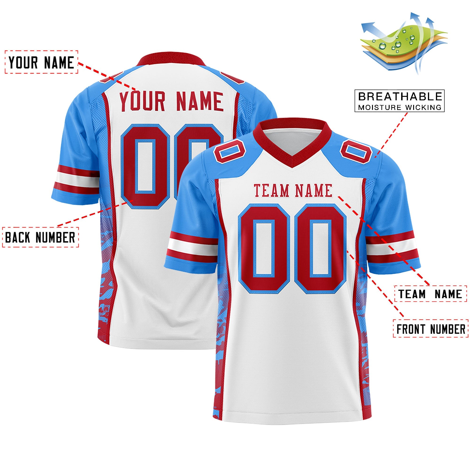 Custom White Powder Blue-Red Raglan Sleeves Personalized Side Pattern Authentic Football Jersey