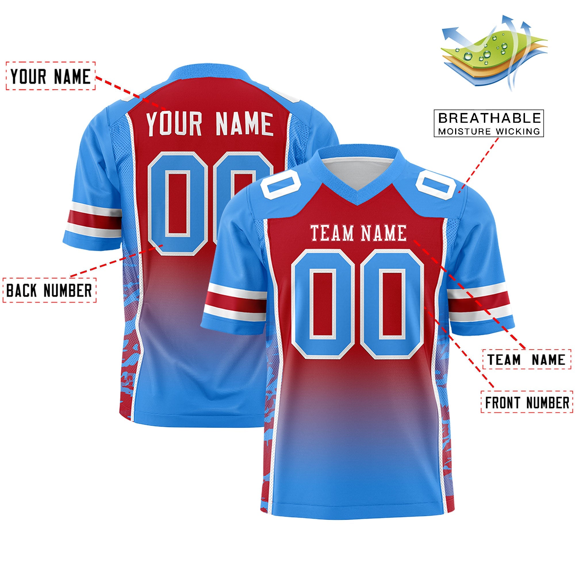 Custom Red Powder Blue Gradient Personalized Side Pattern Authentic Football Jersey