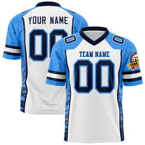 Custom White Powder Blue-Navy Raglan Sleeves Personalized Side Pattern Authentic Football Jersey