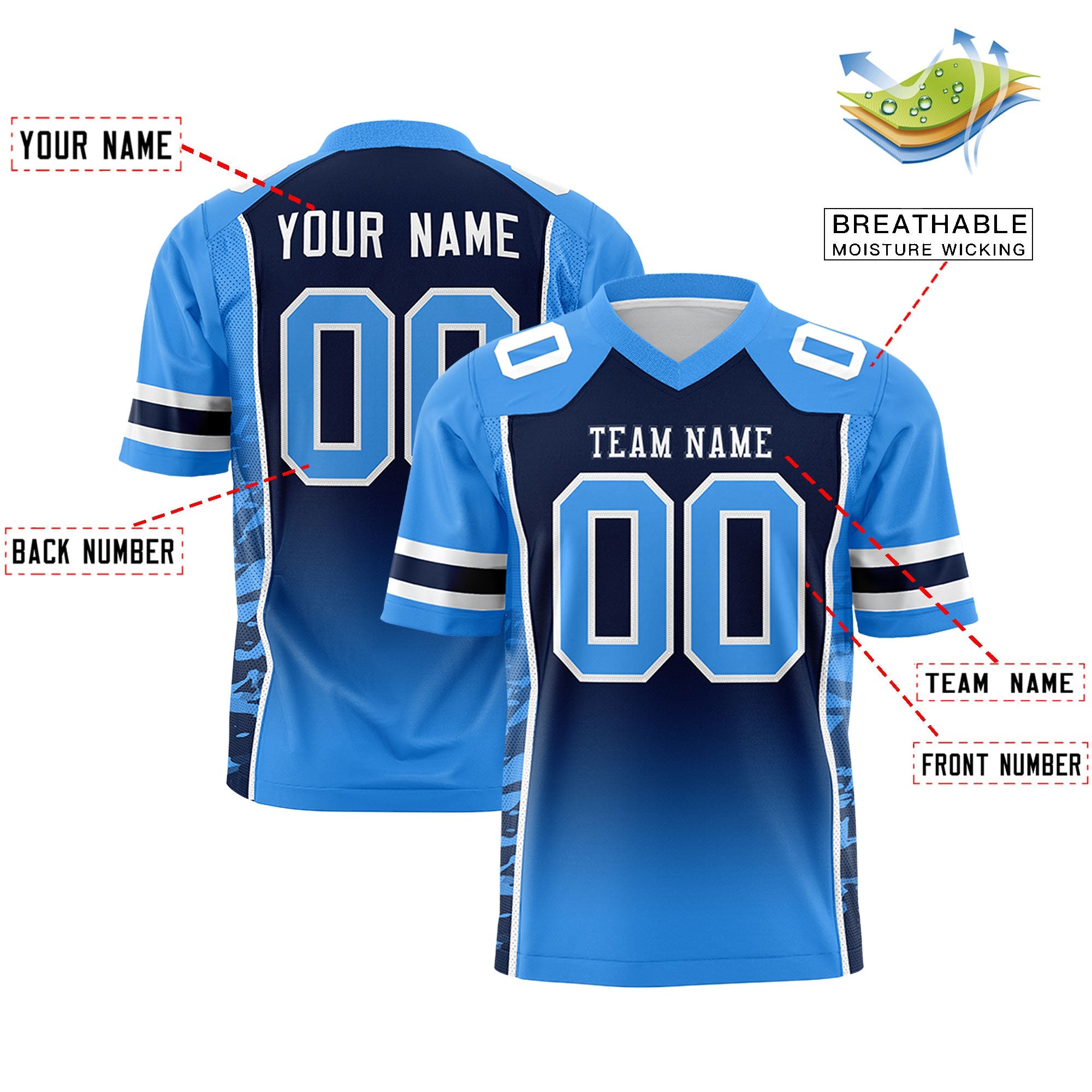 Custom Navy Powder Blue Gradient Personalized Side Pattern Authentic Football Jersey