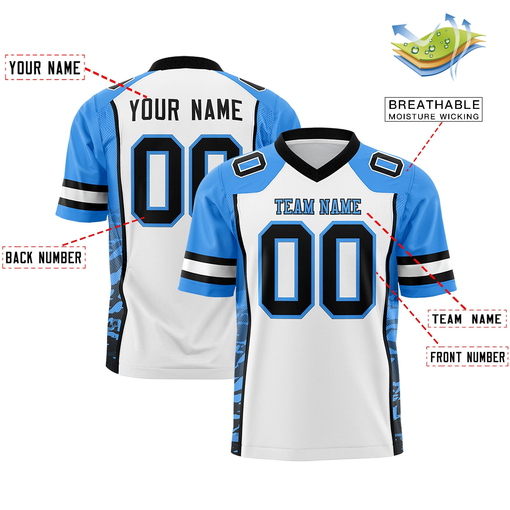 Custom White Powder Blue-Black Raglan Sleeves Personalized Side Pattern Authentic Football Jersey