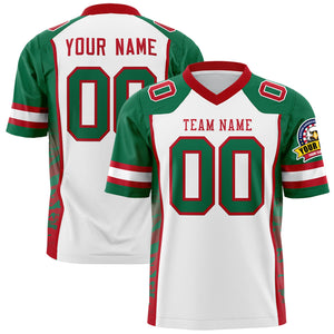 Custom White Kelly Green-Red Raglan Sleeves Personalized Side Pattern Authentic Football Jersey