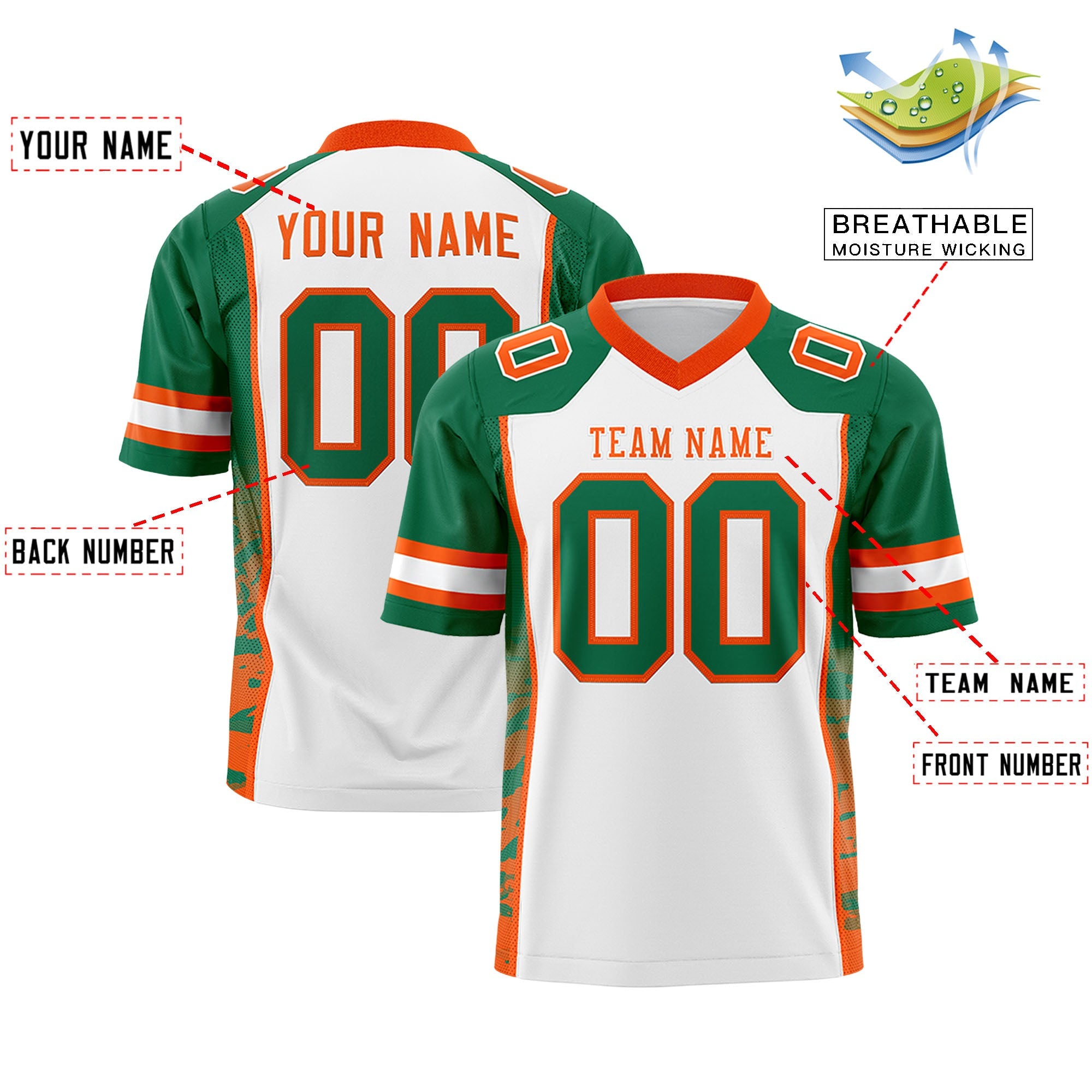 Custom White Kelly Green-Orange Raglan Sleeves Personalized Side Pattern Authentic Football Jersey