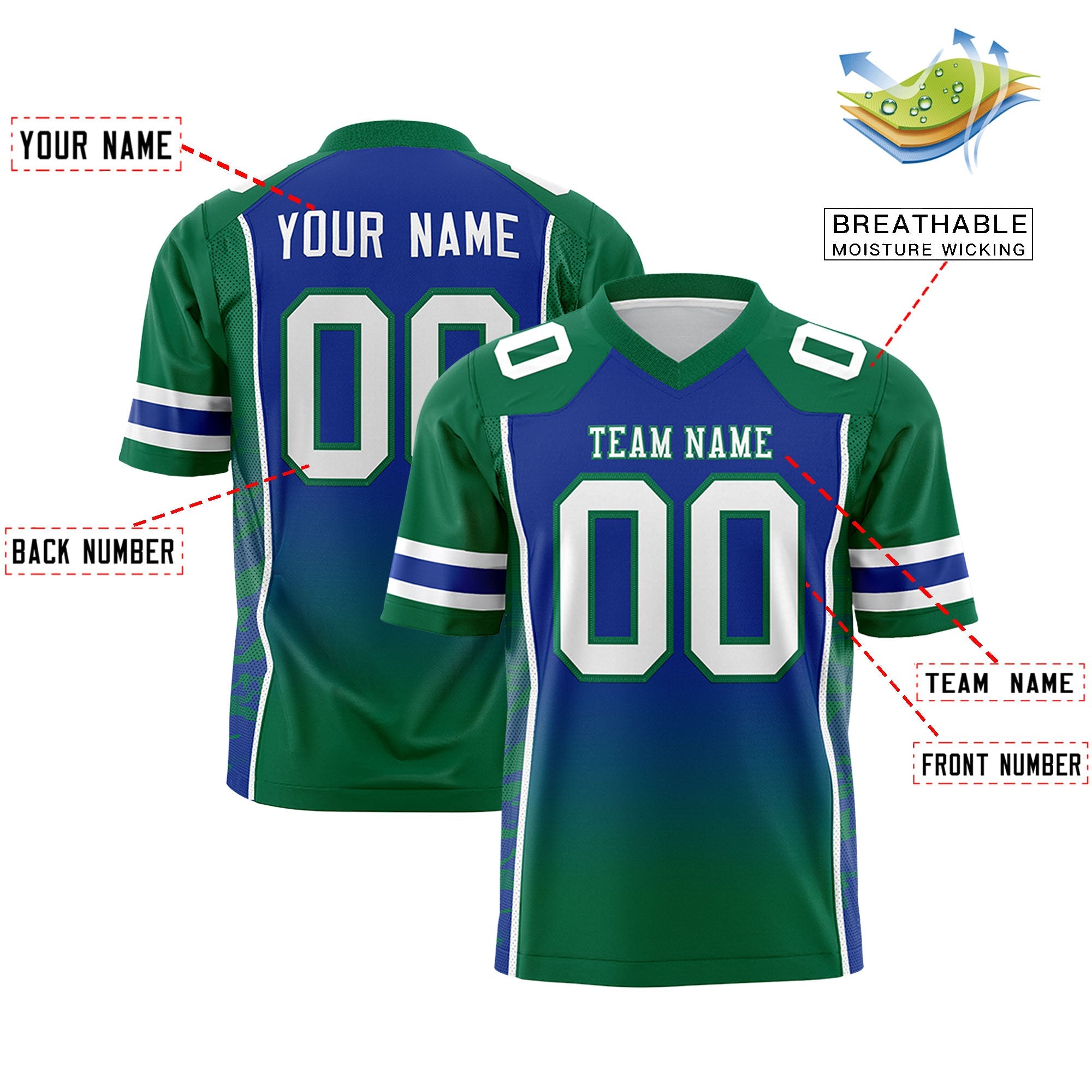 Custom Royal Kelly Green Gradient Personalized Side Pattern Authentic Football Jersey