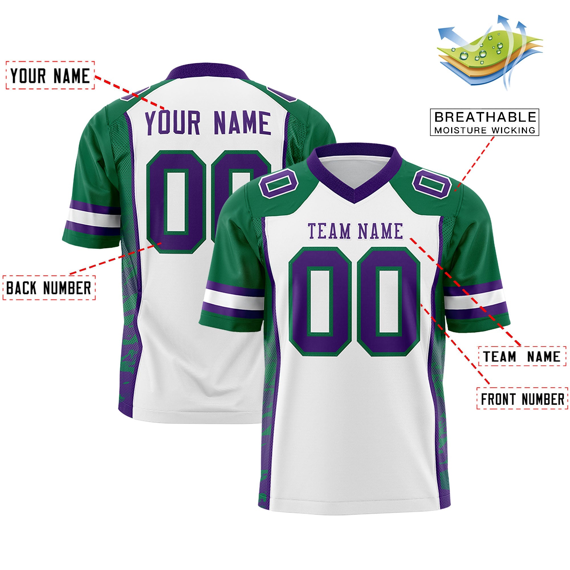 Custom White Kelly Green-Purple Raglan Sleeves Personalized Side Pattern Authentic Football Jersey