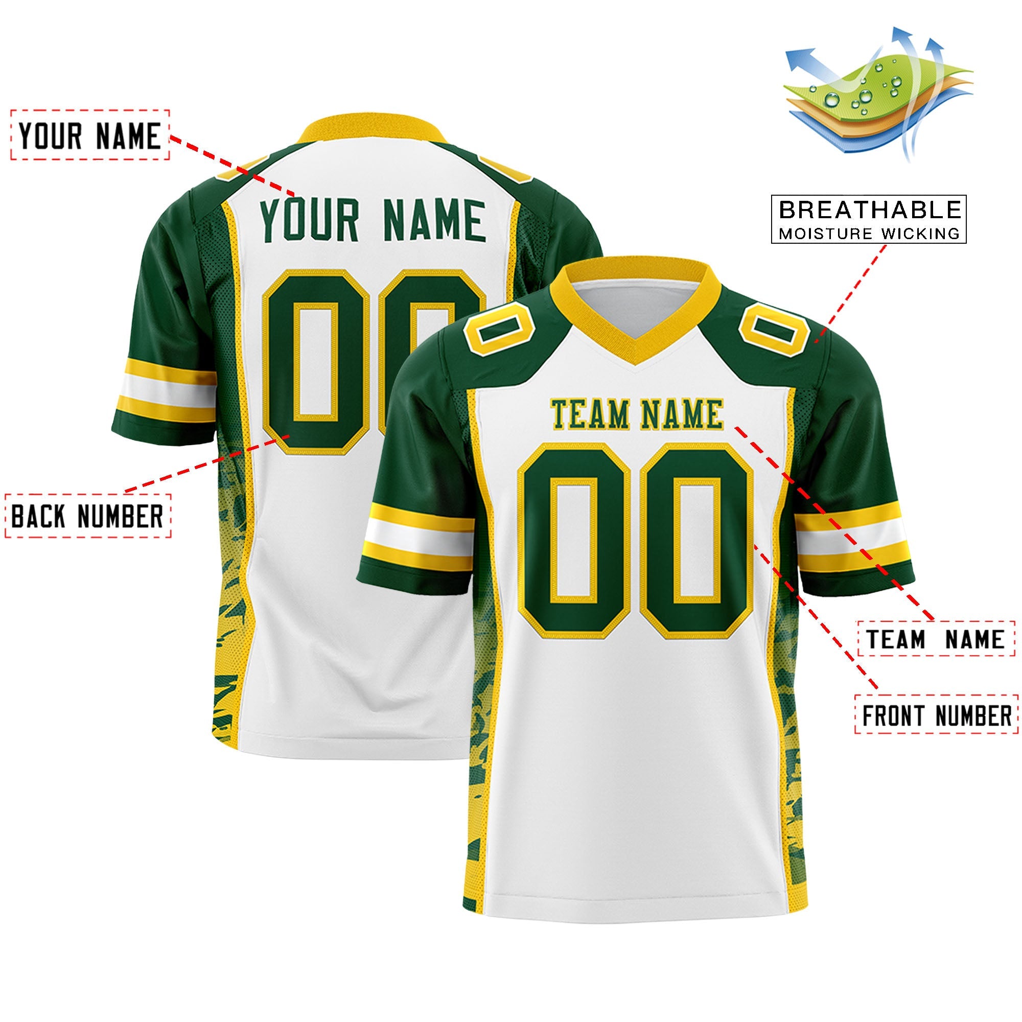 Custom White Green-Gold Raglan Sleeves Personalized Side Pattern Authentic Football Jersey