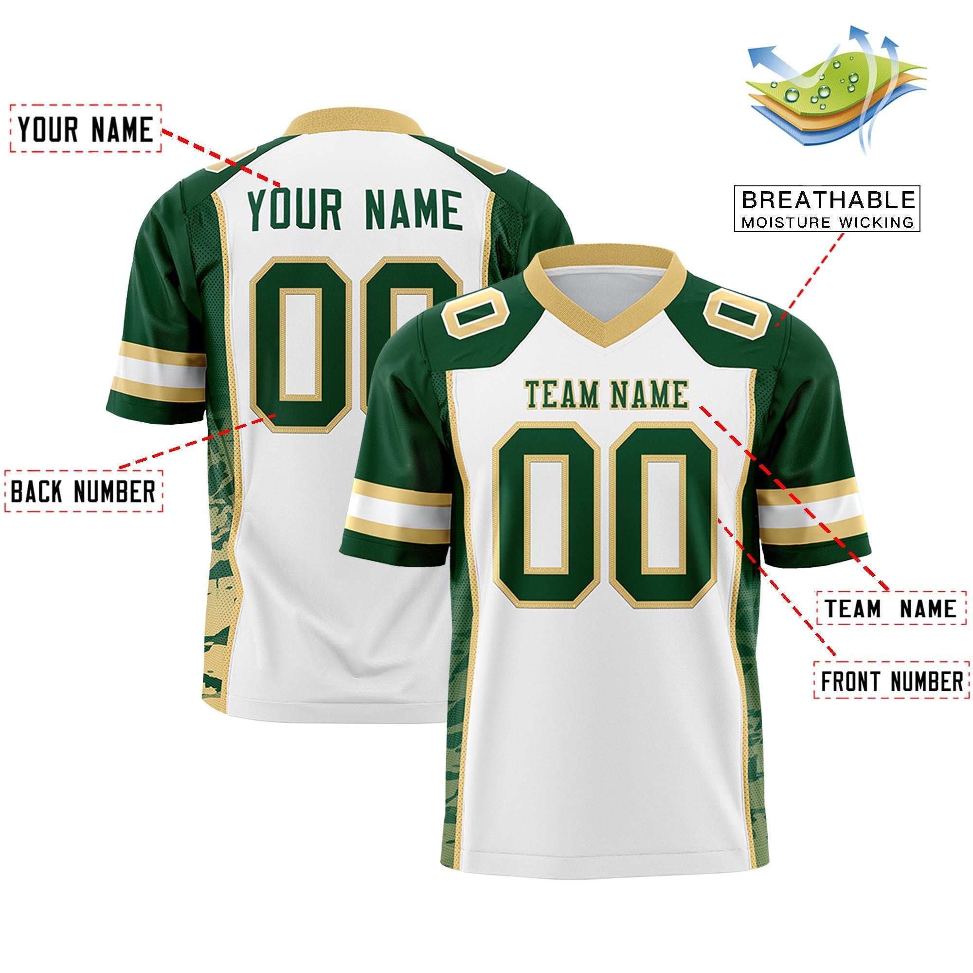 Custom White Green-Khaki Raglan Sleeves Personalized Side Pattern Authentic Football Jersey