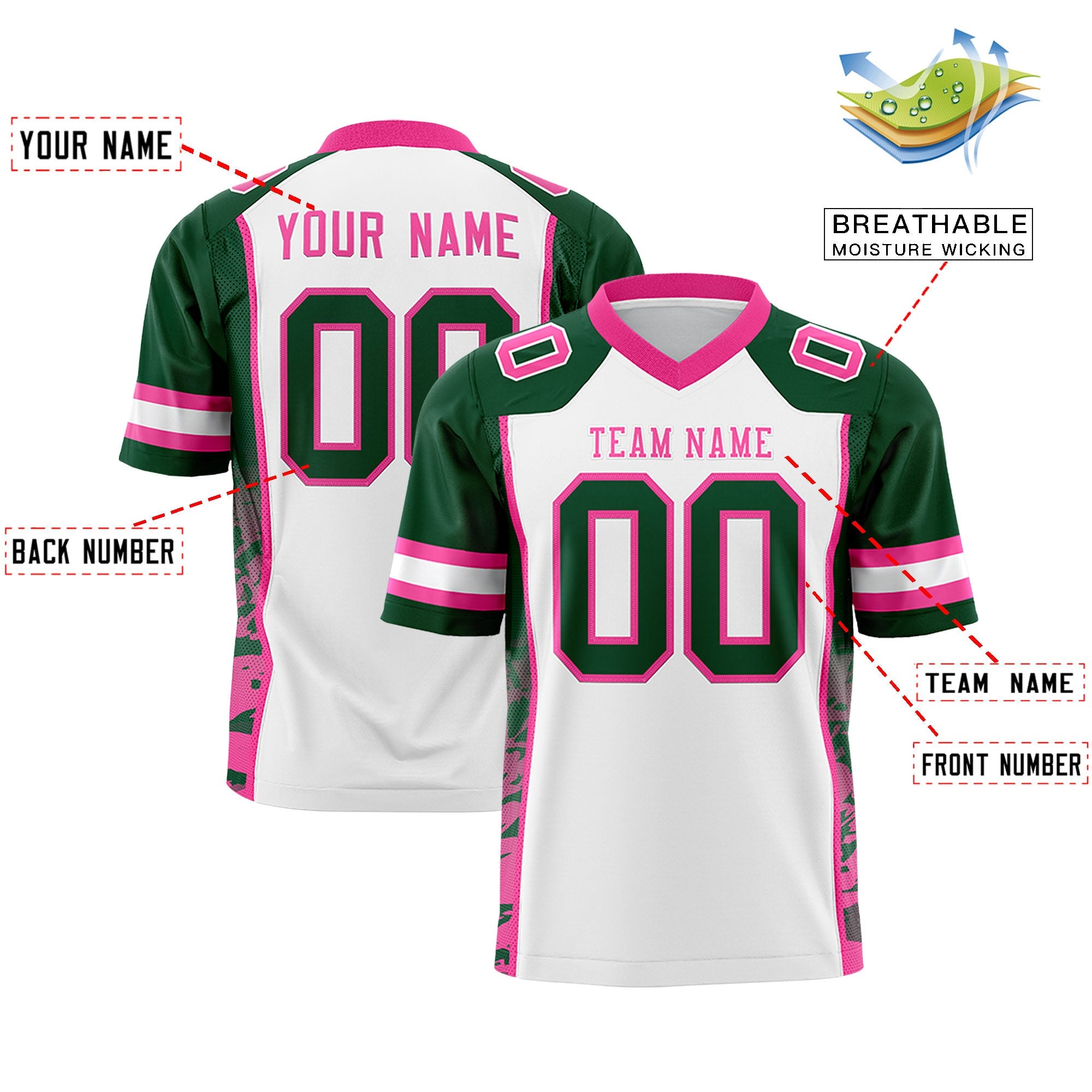 Custom White Green-Pink Raglan Sleeves Personalized Side Pattern Authentic Football Jersey