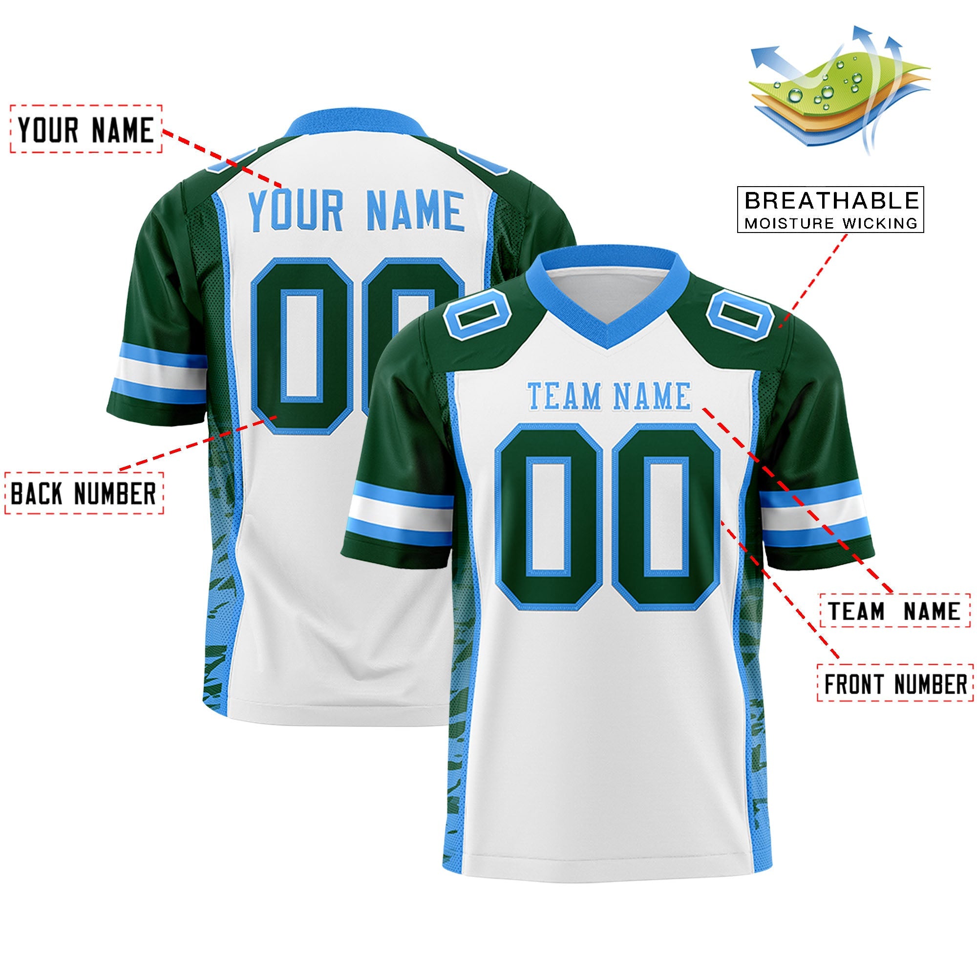 Custom White Green-Powder Blue Raglan Sleeves Personalized Side Pattern Authentic Football Jersey