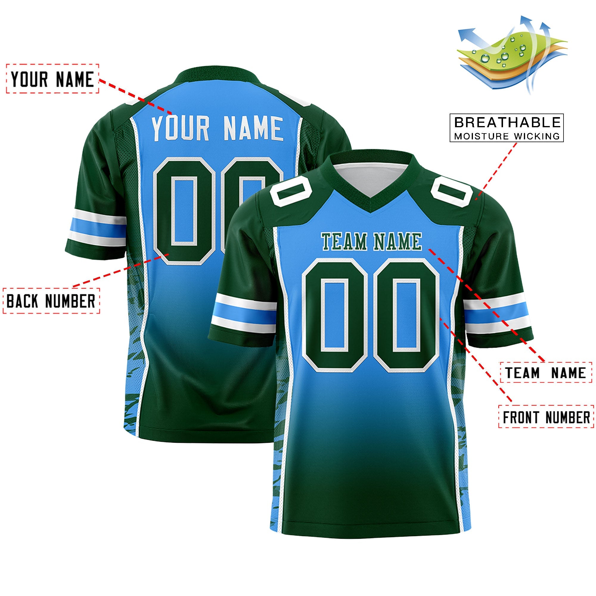 Custom Powder Blue Green Gradient Personalized Side Pattern Authentic Football Jersey