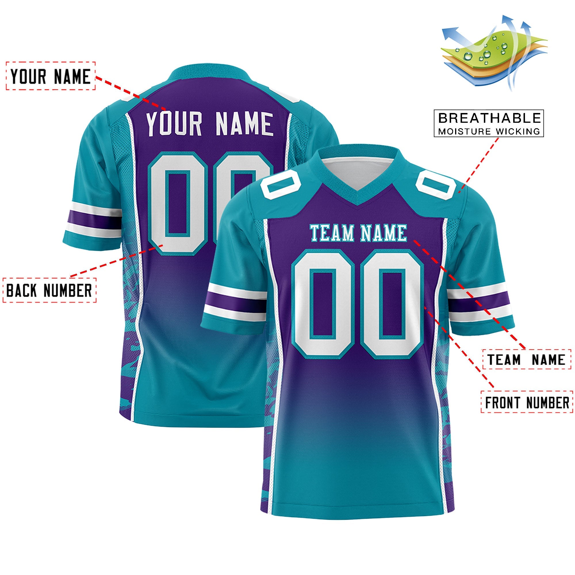 Custom Purple Teal Gradient Personalized Side Pattern Authentic Football Jersey