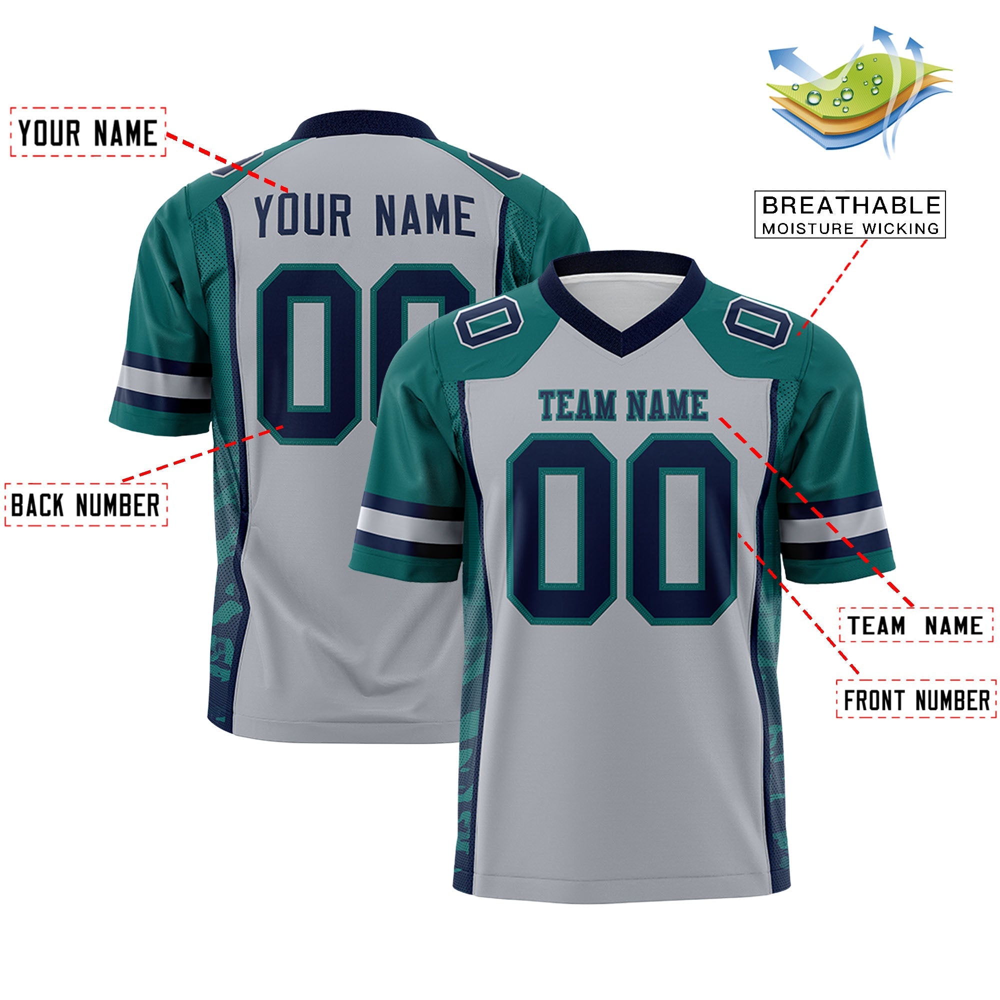 Custom Gray Aqua-Navy Raglan Sleeves Personalized Side Pattern Authentic Football Jersey