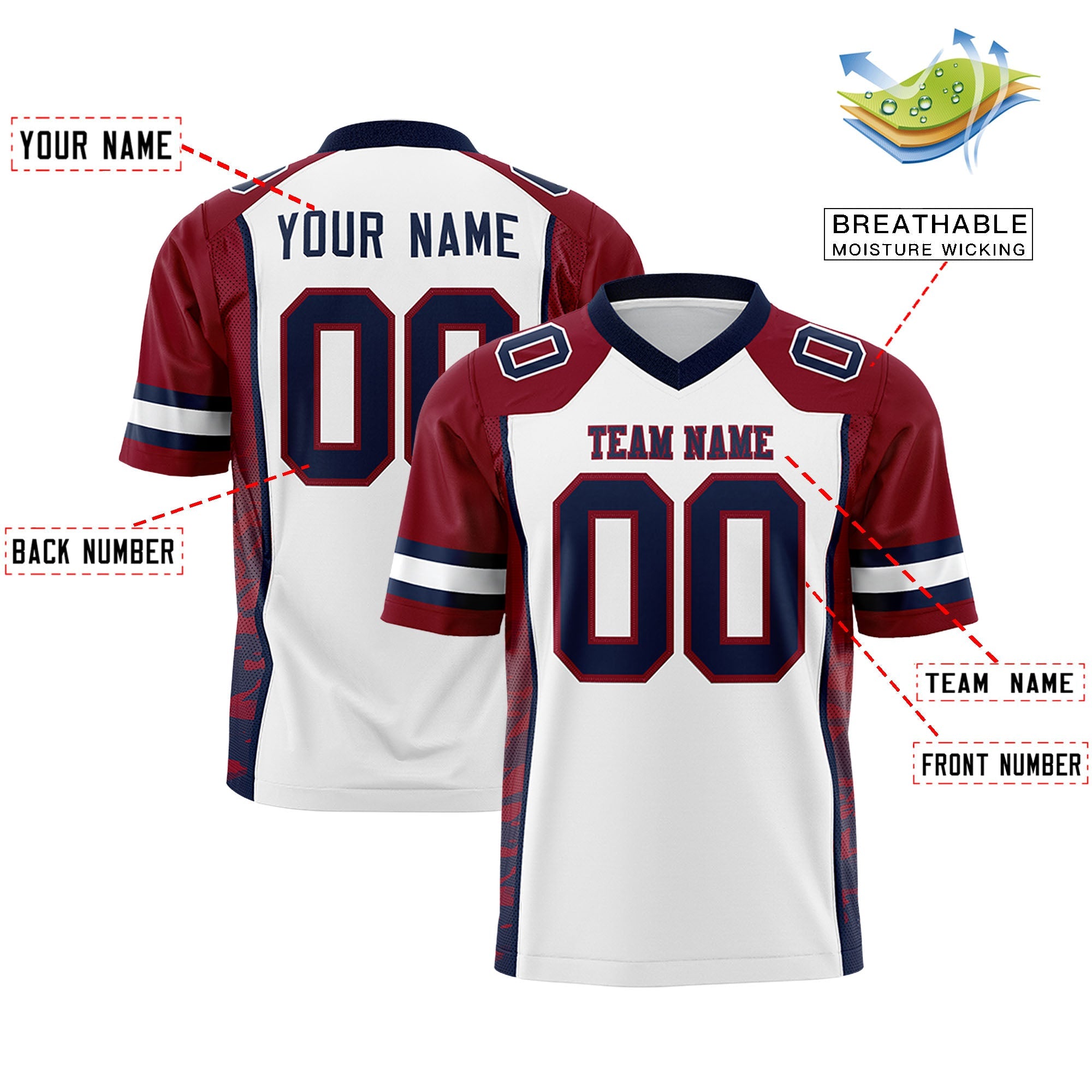 Custom White Crimson-Navy Raglan Sleeves Personalized Side Pattern Authentic Football Jersey