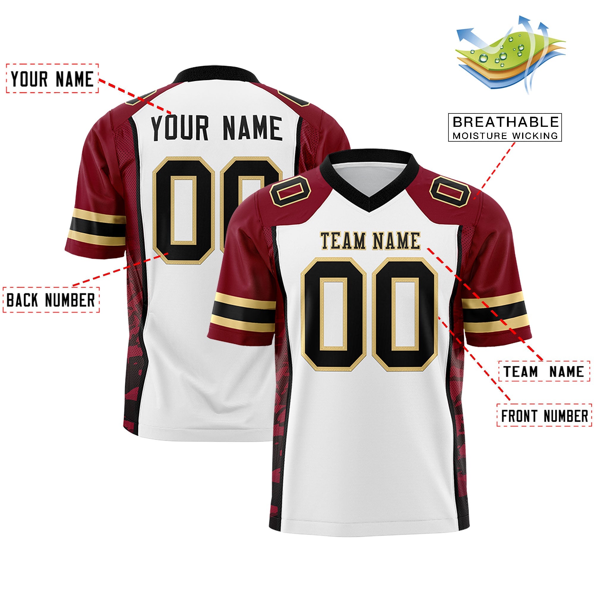 Custom White Crimson-Black Raglan Sleeves Personalized Side Pattern Authentic Football Jersey