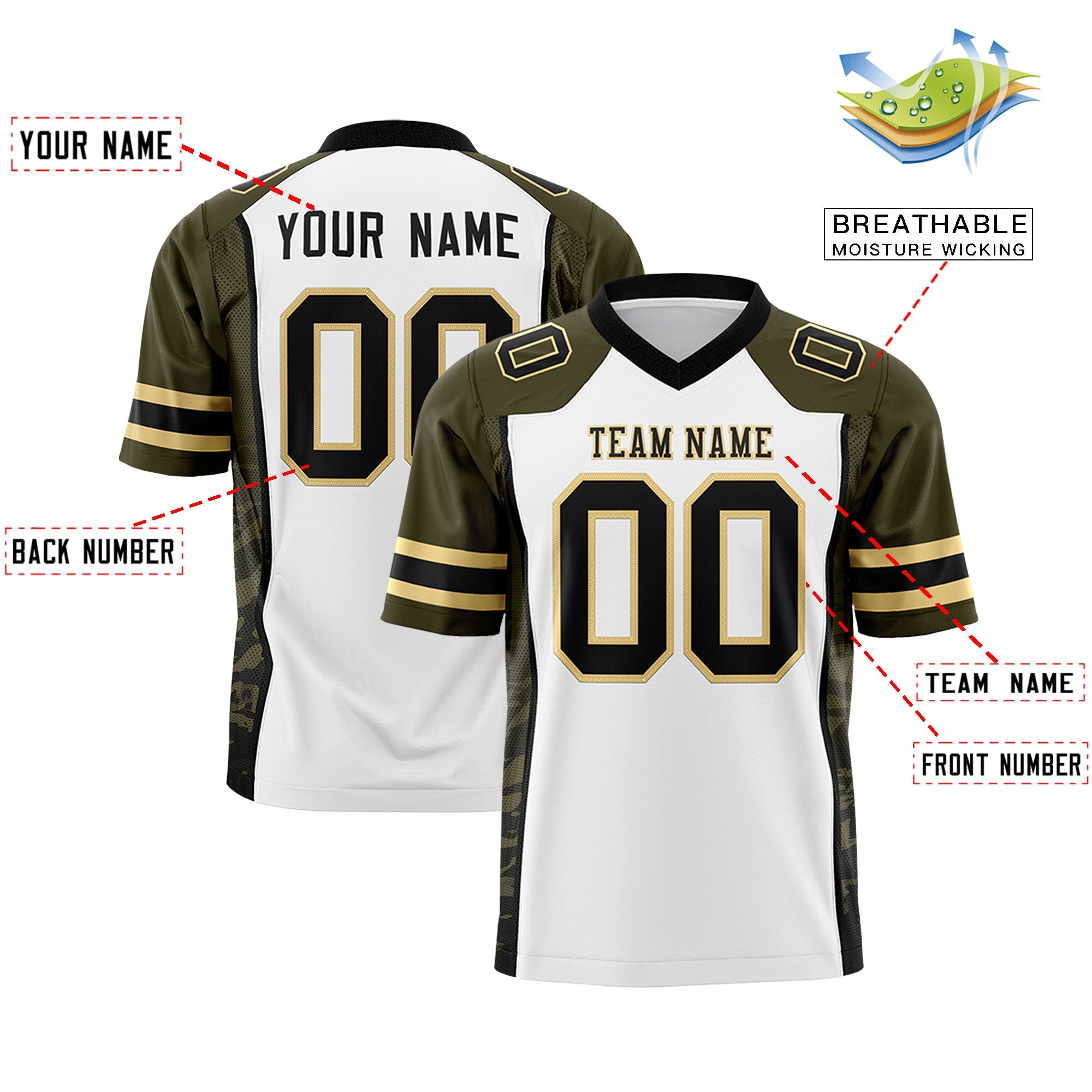 Custom White Olive-Black Raglan Sleeves Personalized Side Pattern Authentic Football Jersey