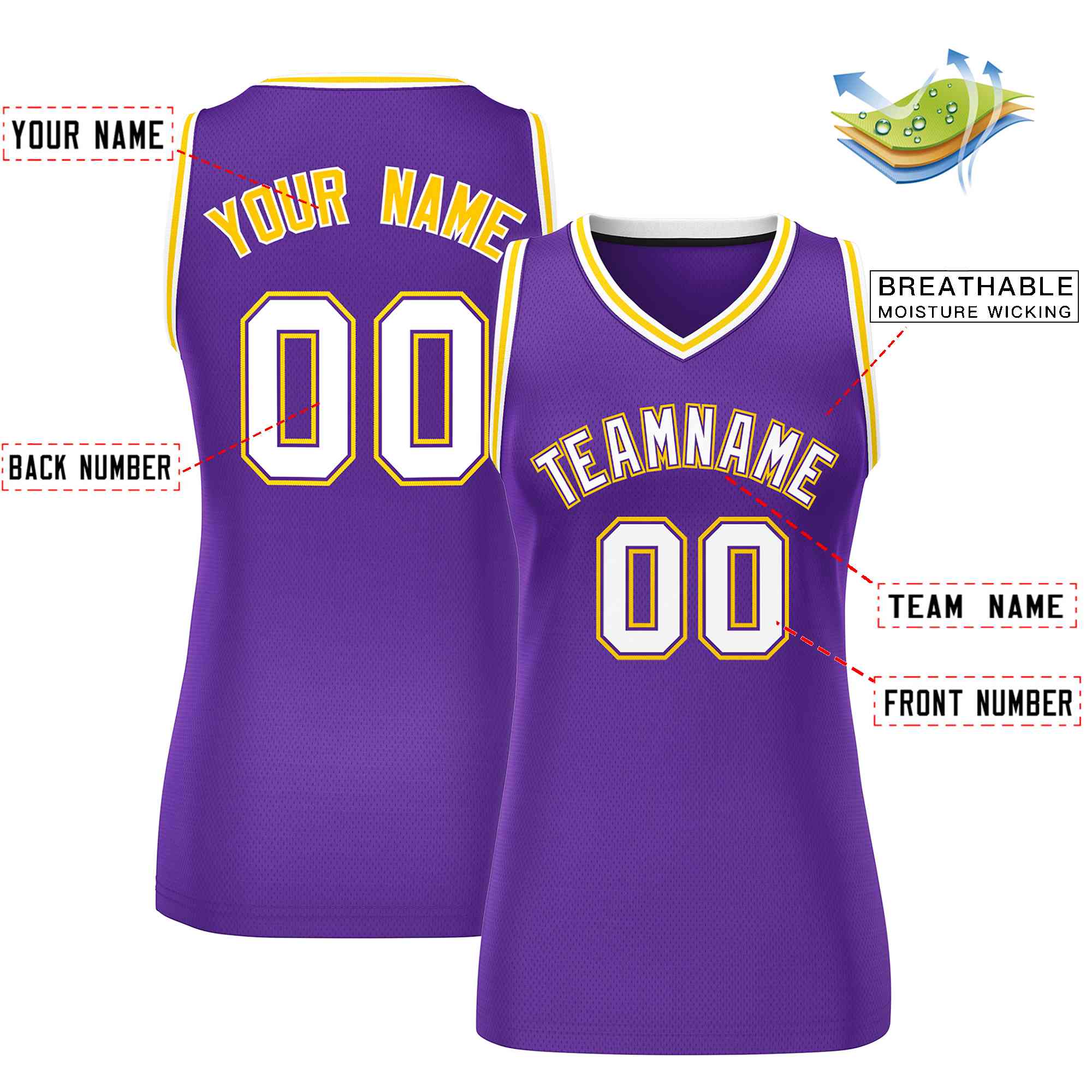 Maillot de basket-ball en maille personnalisé violet blanc-or, hauts classiques pour femmes