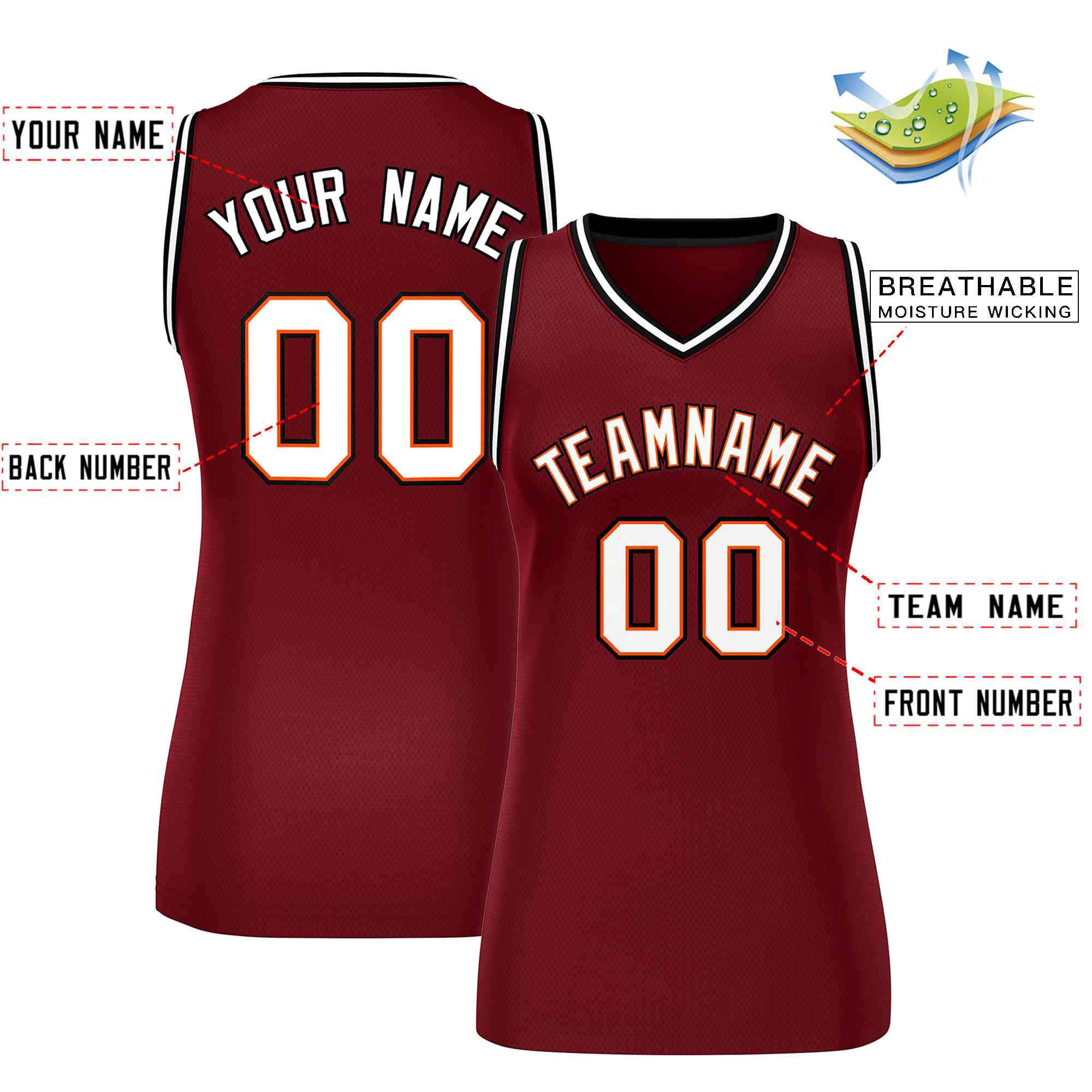 Maillot de basket-ball en maille personnalisé pour femmes, haut classique marron blanc-noir