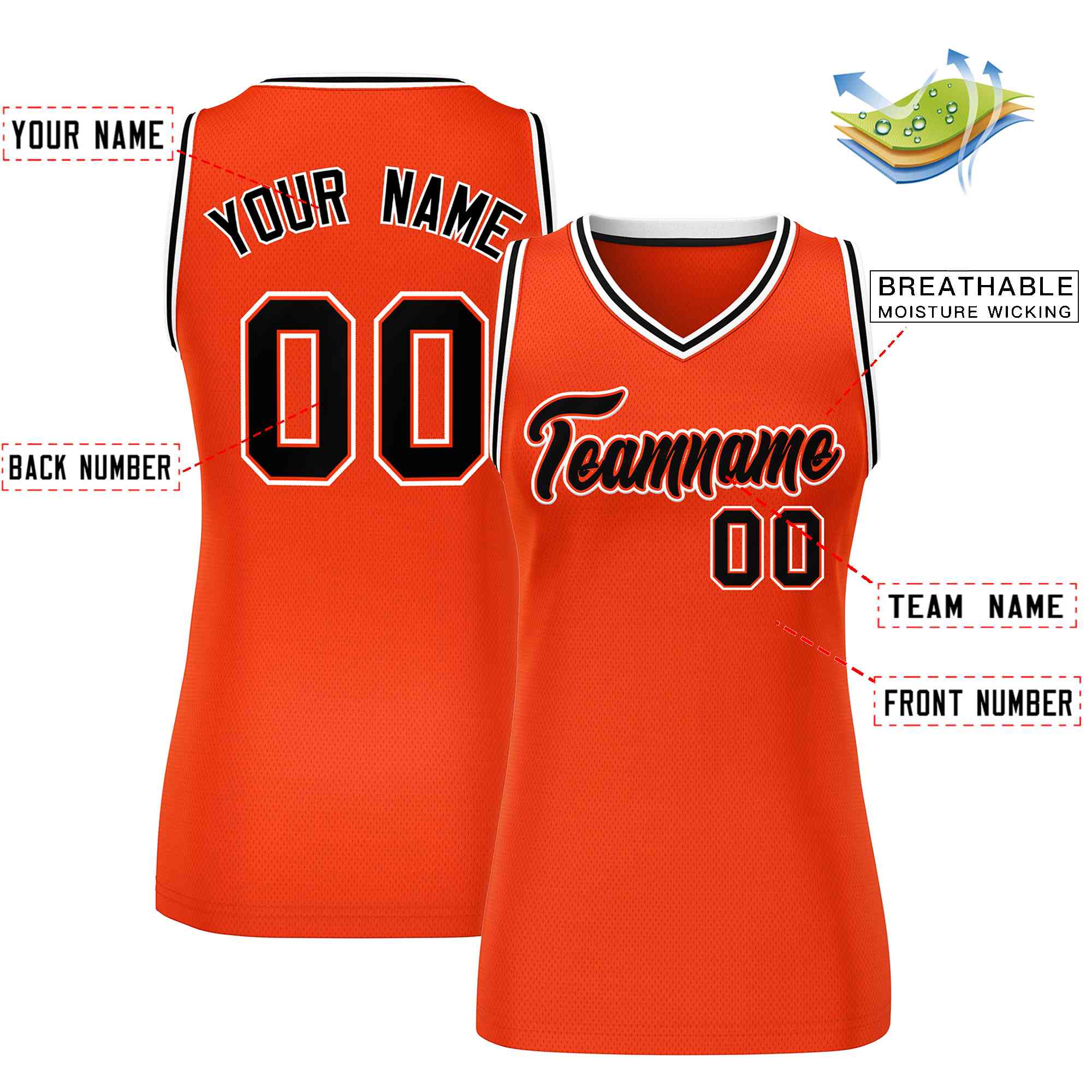 Maillot de basket-ball en maille personnalisé Orange noir-blanc classique pour femmes