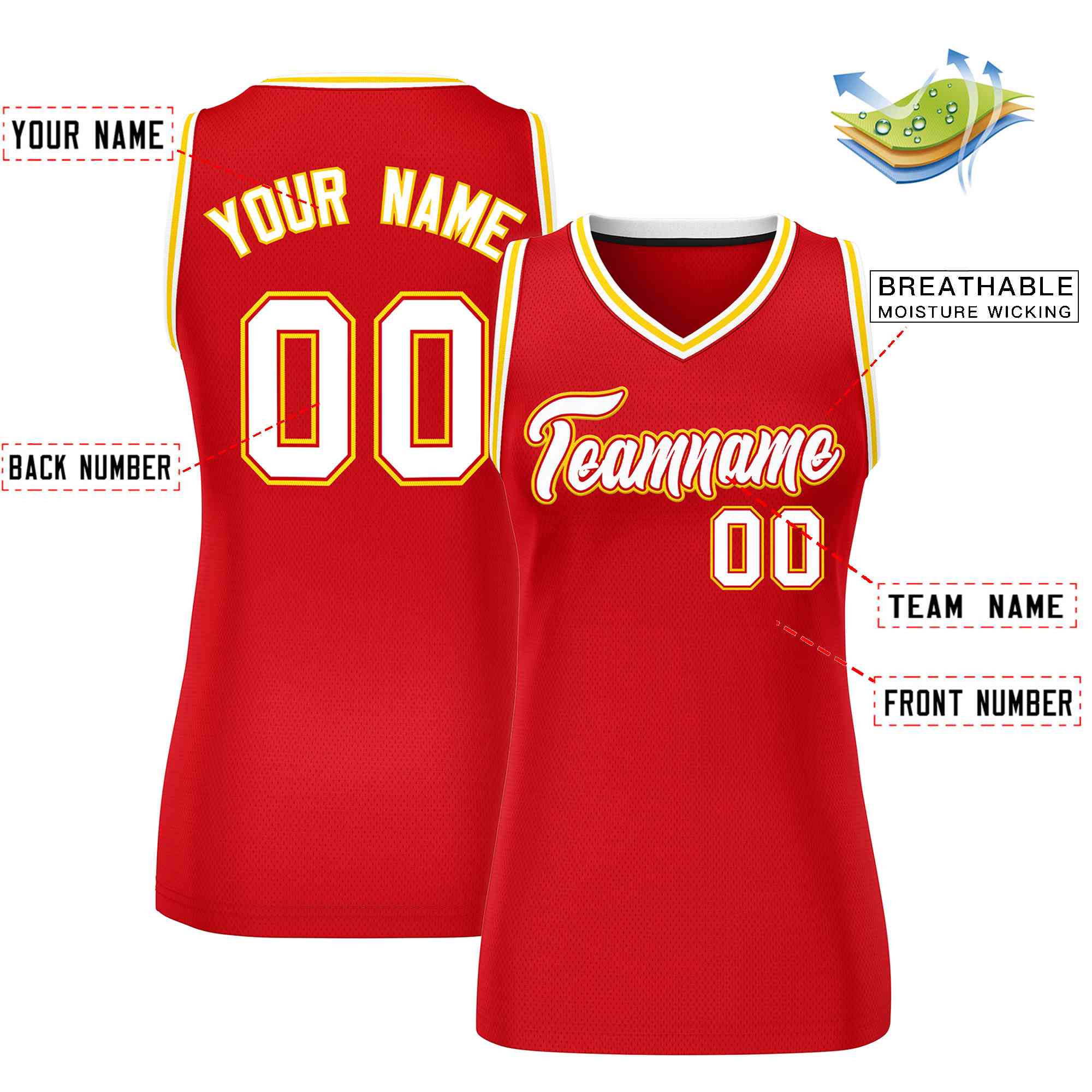 Maillot de basket-ball classique en maille rouge blanc-or personnalisé pour femmes