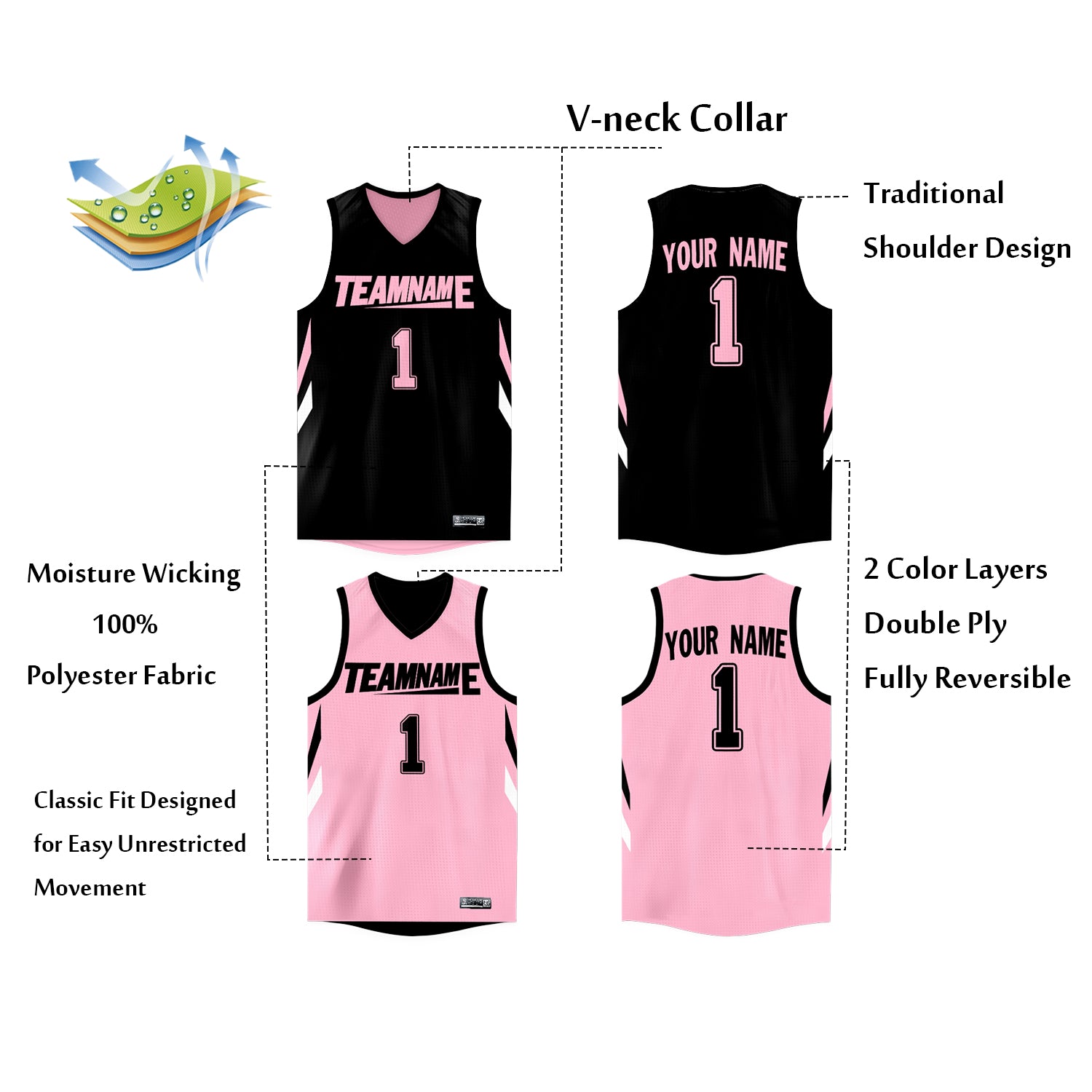 Custom Black Pink Double Side Tops Athletic Basketball Jersey