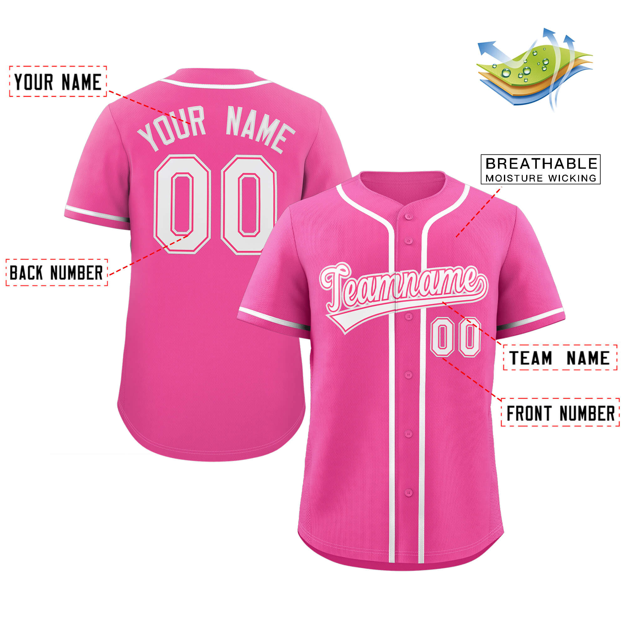 Maillot de baseball authentique de style classique rose blanc personnalisé