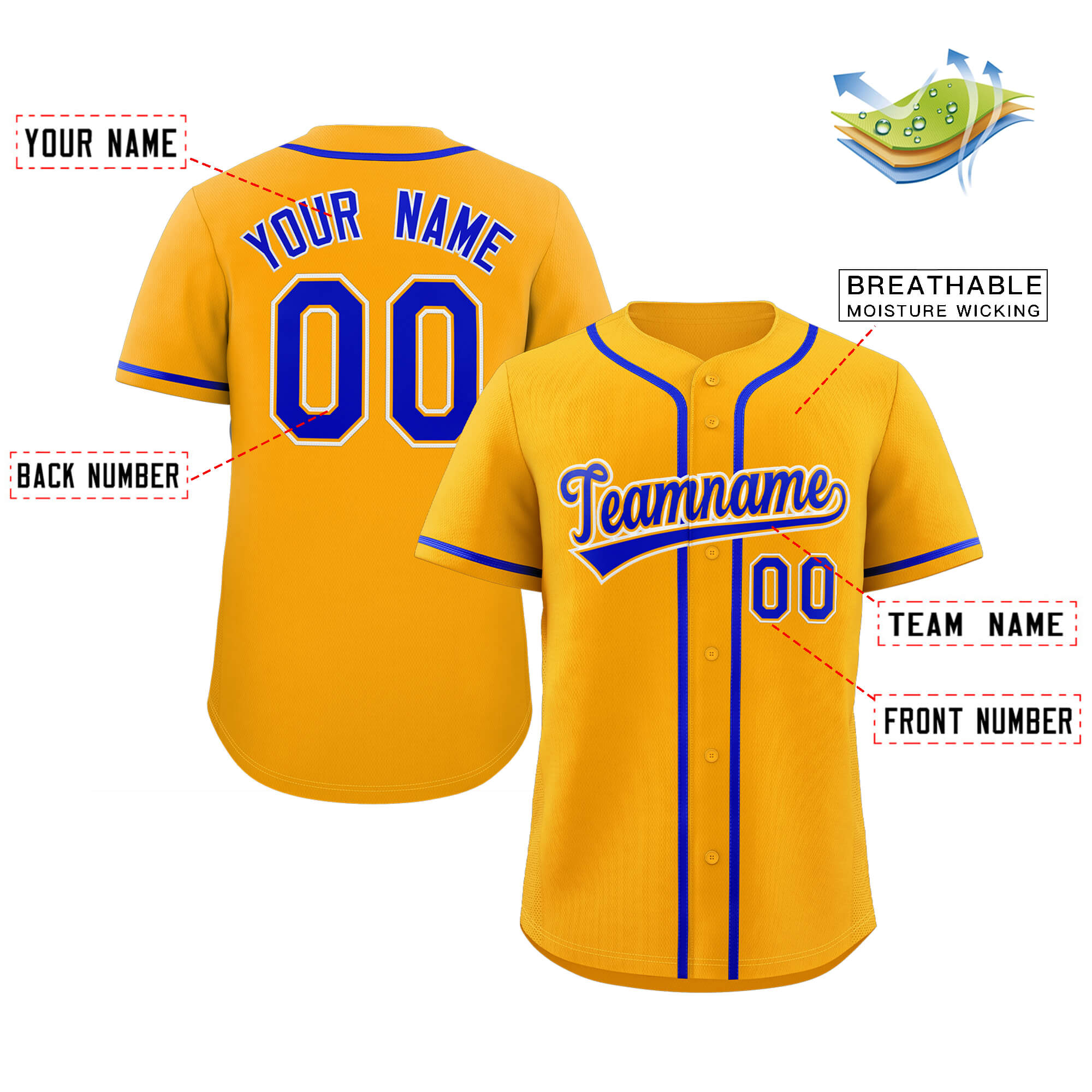 Maillot de baseball authentique de style classique jaune royal-blanc personnalisé