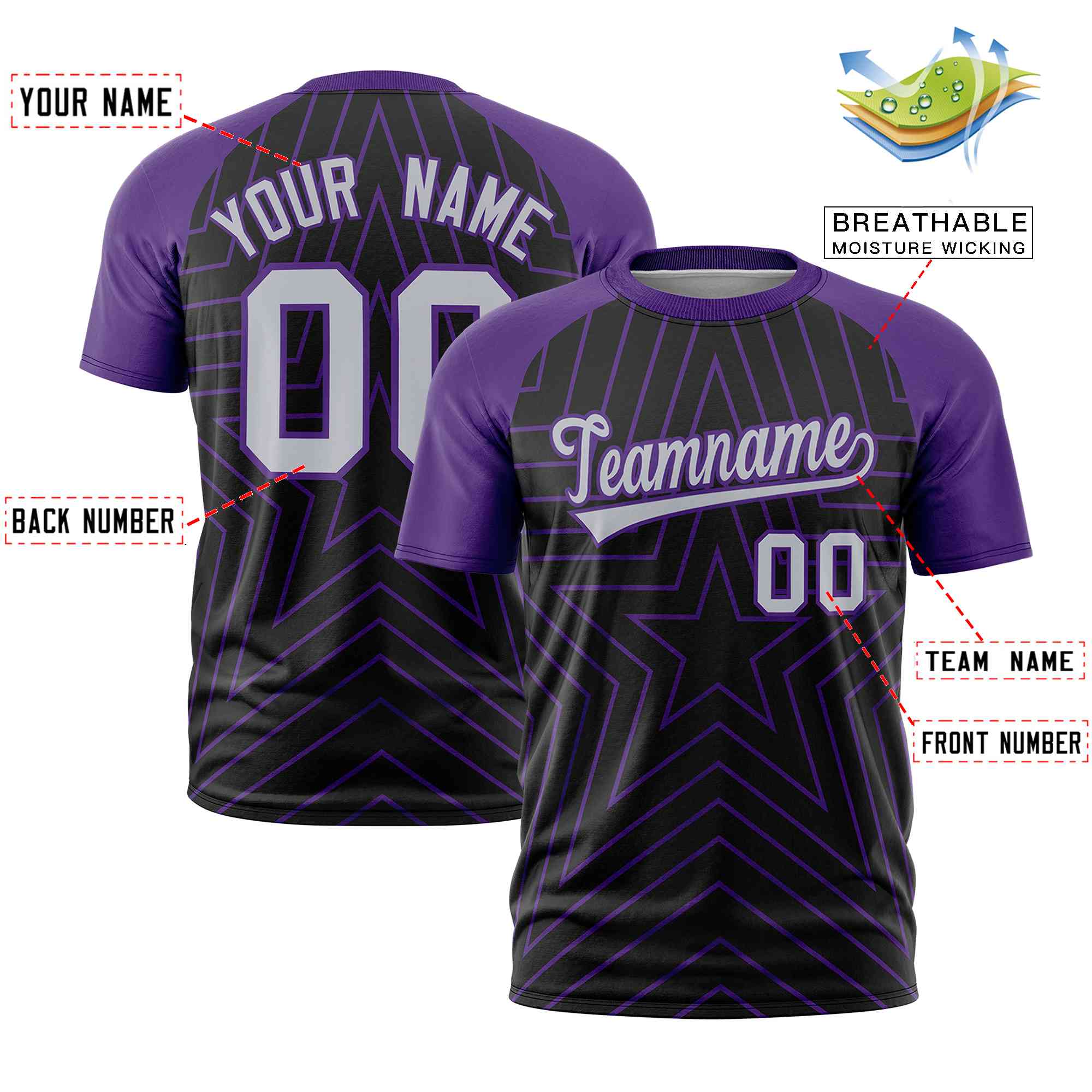 Custom Black Purple Personalized Star Pattern Raglan Sleeves Performance T-Shirt