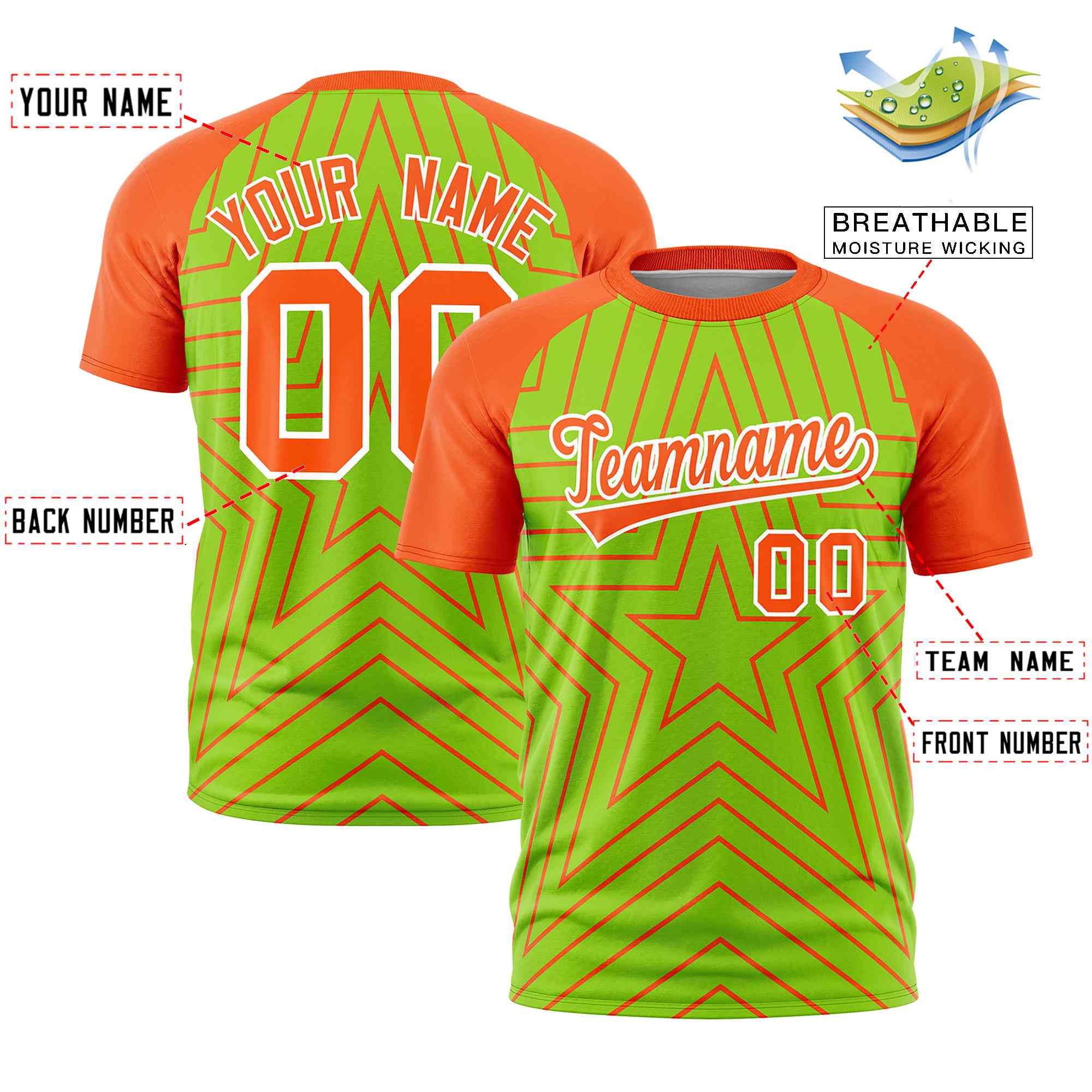 Custom Neon Green Orange Personalized Star Pattern Raglan Sleeves Performance T-Shirt