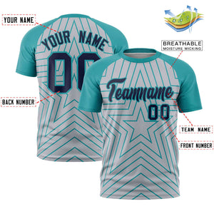 Custom Gray Aqua Personalized Star Pattern Raglan Sleeves Performance T-Shirt