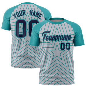 Custom Gray Aqua Personalized Star Pattern Raglan Sleeves Performance T-Shirt