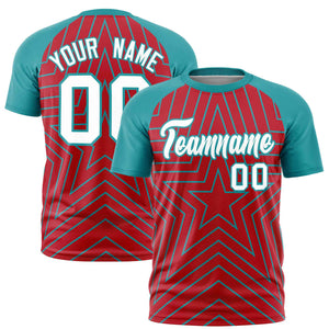 Custom Red Aqua Personalized Star Pattern Raglan Sleeves Performance T-Shirt