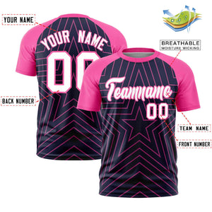 Custom Navy Pink Personalized Star Pattern Raglan Sleeves Performance T-Shirt