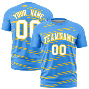 Custom Powder Blue Gold Personalized Slanting Line Graffiti Pattern Performance T-Shirt