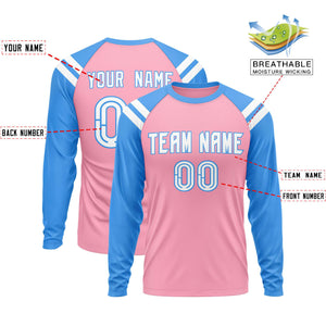 Custom Light Pink Powder Blue-White Crew Neck Personalized Raglan Long Sleeve Performance T-Shirt