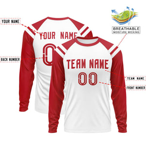 Custom White Red-White Crew Neck Personalized Raglan Long Sleeve Performance T-Shirt