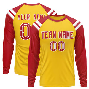 Custom Gold Red-White Crew Neck Personalized Raglan Long Sleeve Performance T-Shirt