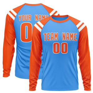 Custom Powder Blue Orange-White Crew Neck Personalized Raglan Long Sleeve Performance T-Shirt