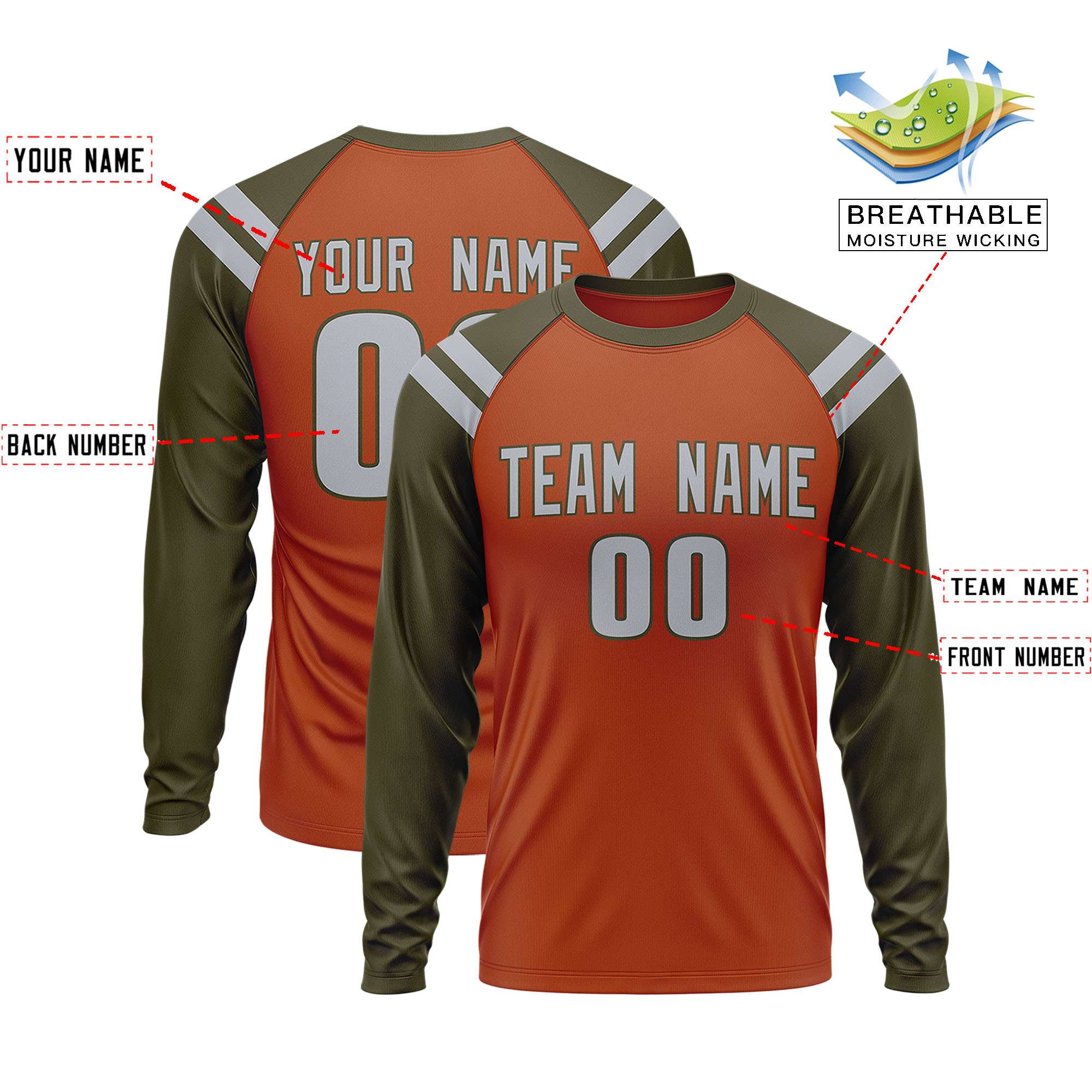 Custom Texas Orange Olive-Gray Crew Neck Personalized Raglan Long Sleeve Performance T-Shirt