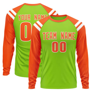 Custom Neon Green Orange-White Crew Neck Personalized Raglan Long Sleeve Performance T-Shirt