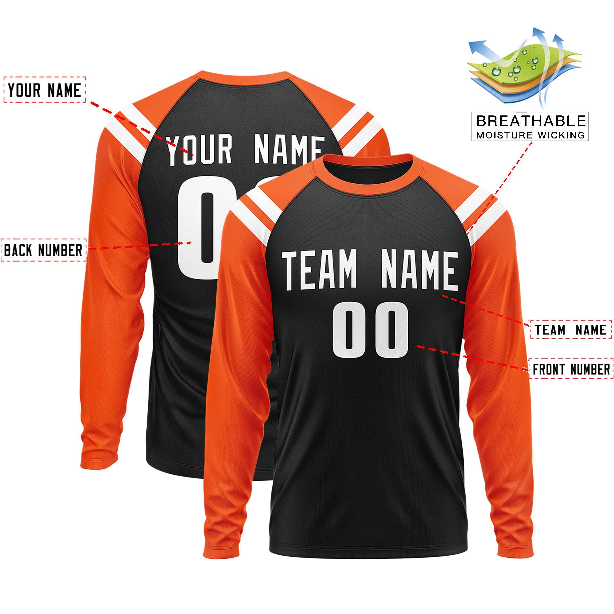 Custom Black Orange-White Crew Neck Personalized Raglan Long Sleeve Performance T-Shirt