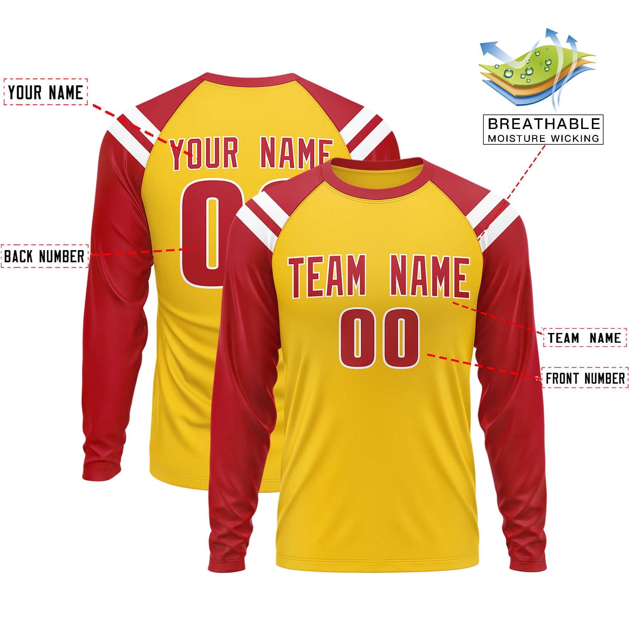 Custom Gold Red-White Crew Neck Personalized Raglan Long Sleeve Performance T-Shirt