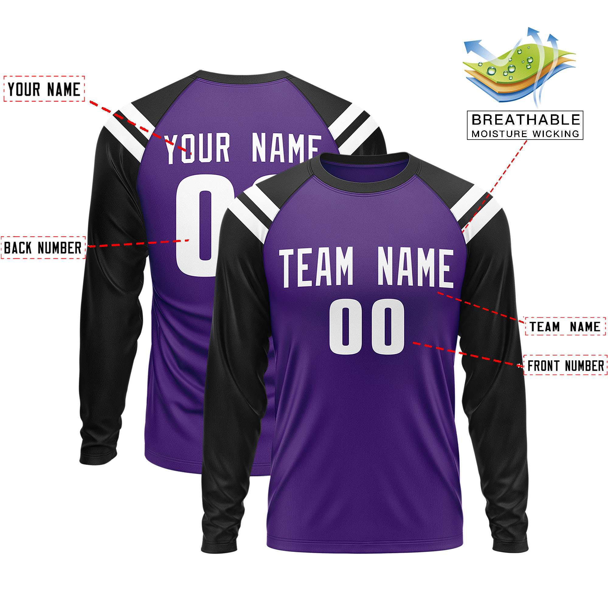 Custom Purple Black-White Crew Neck Personalized Raglan Long Sleeve Performance T-Shirt