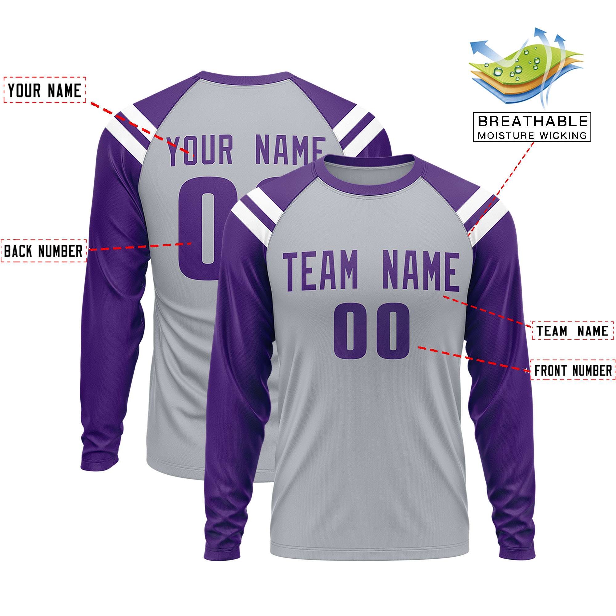 Custom Gray Purple-White Crew Neck Personalized Raglan Long Sleeve Performance T-Shirt