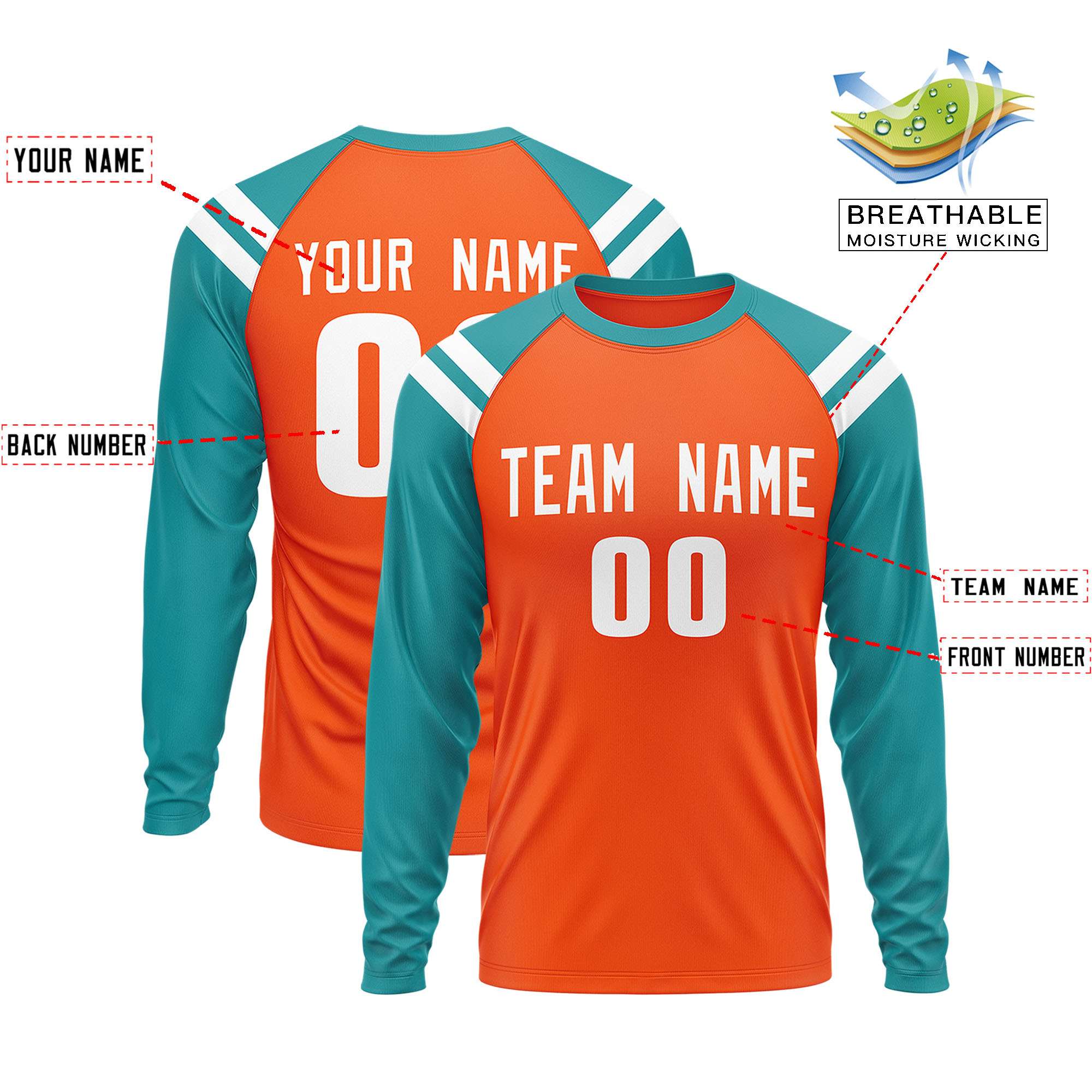 Custom Orange Aqua-White Crew Neck Personalized Raglan Long Sleeve Performance T-Shirt