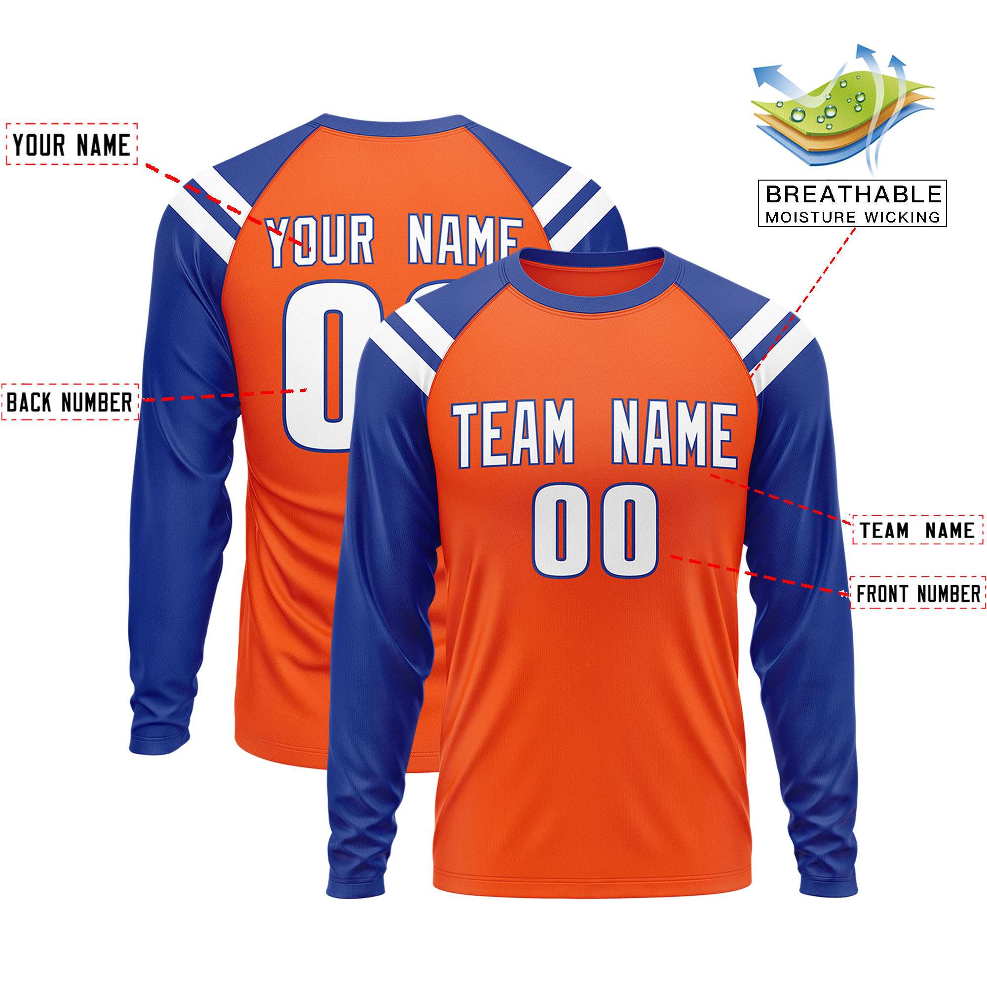 Custom Orange Royal-White Crew Neck Personalized Raglan Long Sleeve Performance T-Shirt